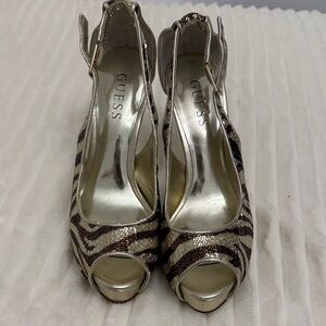 GUESS Sequin Peep-Toe Heels in Gold and Brown Zebra Pattern